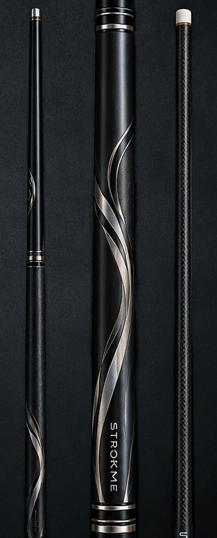 Original concept render showing the full cue, detailed matte-black butt, and carbon-fiber shaft